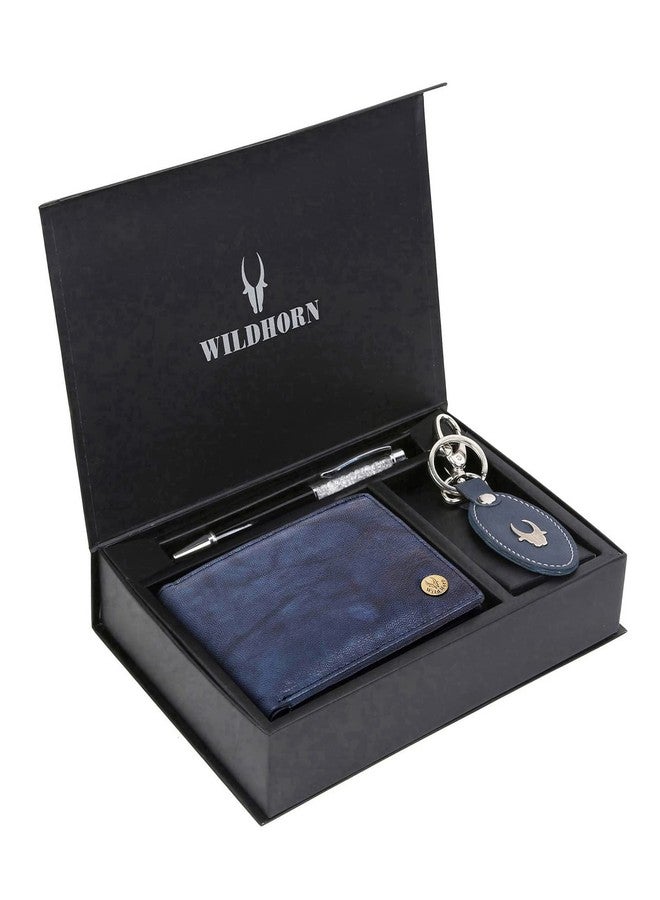 WildHorn Leather Wallet Keychain & Pen Combo for Men I Gift Hamper (GIFT2052BLU ANT+BLK S+BLU Kring) - Image 2